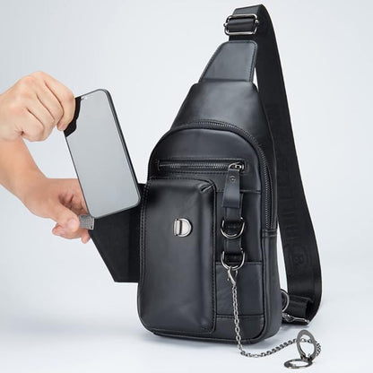Vintage Genuine Leather Sling Bag Backpack for Men Crossbody with Cellphone Stand Chain Chest Shoulder Crossbody Daypack Black