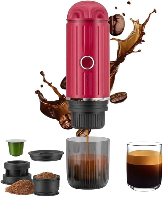 Portable Espresso Machine with 3-4 Min Self-heating, 12V Rechargeable Electric Coffee Machine 19 Bar Compatible with NS Capsules and Ground Coffee (Red)