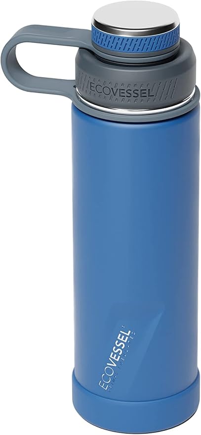 EcoVessel Stainless Steel Water Bottle with Insulated Dual Lid, Insulated Water Bottle with Strainer and Silicone Bottle Bumper, Coffee Mug – 20oz (Navy Nightfall)