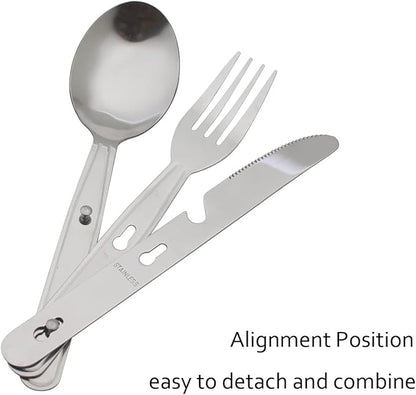 4-in-1 Camping Utensils Hiking Cutlery Set for 4, Portable Stainless Steel Flatware Spoon Fork, Knife & Bottle Opener Combo pack for Picnic Travel, Barbecue, Backpack Outdoor Gear with Carrying Bag