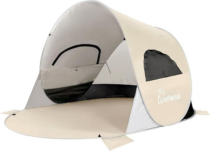 WolfWise UPF 50+ Easy Pop Up 3-4 Person Beach Tent Sport Umbrella Instant Sun Shelter Tent Sun Shade Canopy, Beige