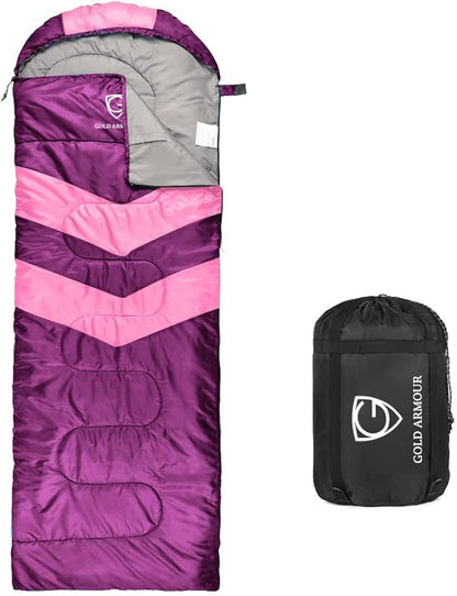 Gold Armour Sleeping Bags for Adults Cold Weather & Warm - Backpacking Camping Sleeping Bag for Kids 10-12, Girls, Boys - Lightweight Compact Camping Essentials Gear Accessories, Left Zipper