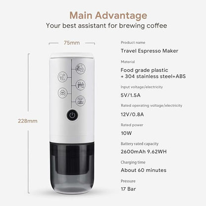 BENFUCHEN 3-in-1 Portable Espresso Machine With NO Heating Function, Type-C Charging Electric Espresso Maker, 17 Bar Mini Coffee Maker For NESPRESSO/DolceGusto pods & Ground Coffee On the Go, White