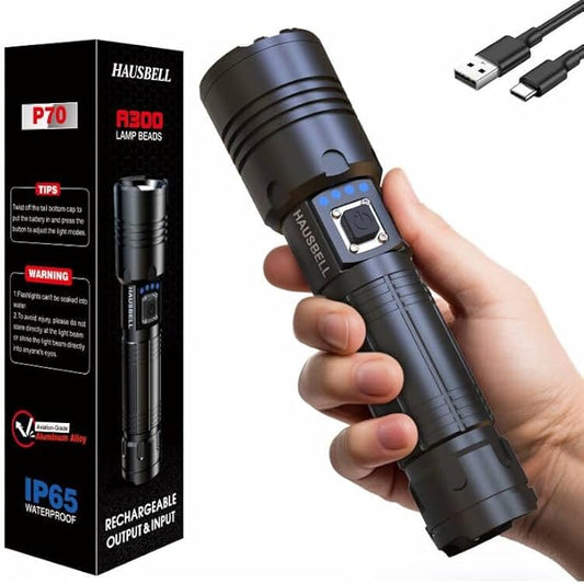 HAUSBELL Rechargeable LED Flashlights High Lumens, 20000 Lumens Super Bright Zoomable Waterproof Flashlight with 5 Modes, Input and Output, Powerful Handheld Flashlight (A300-1 Pack)