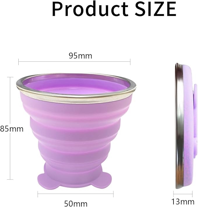2 Pcs Collapsible Cup, Silicone Collapsible Travel Cup, Expandable Folding Camping Drinking Cup with Lids Reusable Small Portable Mugs Cup for Travel, Camping, Hiking,Outdoor Sports (Purple&Pink)