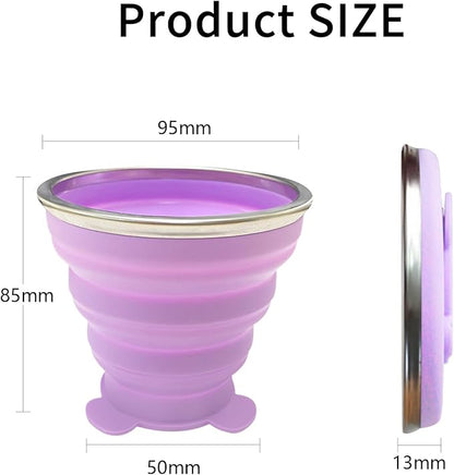 2 Pcs Collapsible Cup, Silicone Collapsible Travel Cup, Expandable Folding Camping Drinking Cup with Lids Reusable Small Portable Mugs Cup for Travel, Camping, Hiking,Outdoor Sports (Purple&Pink)