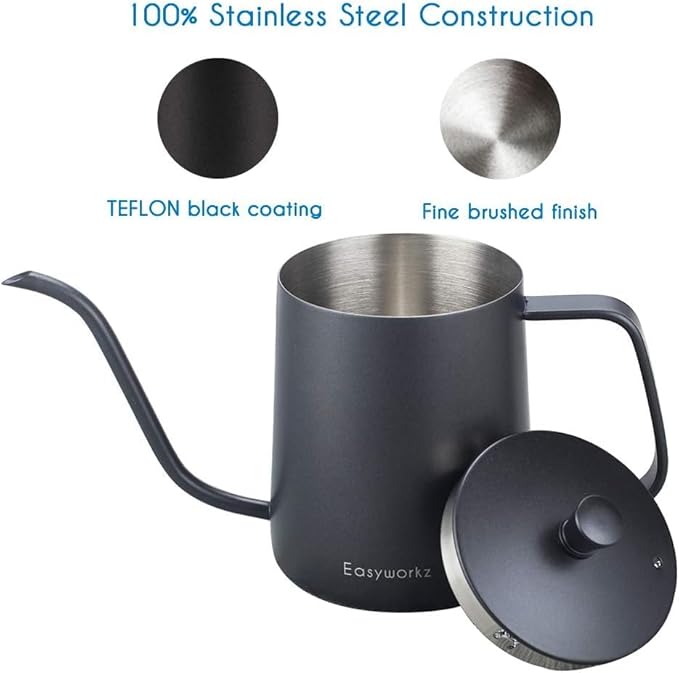 Easyworkz Gage Gooseneck Pour Over Coffee Kettle 20 oz with Thermometer Stainless Steel Hand Drip Coffee Pot With Long Narrow Spout