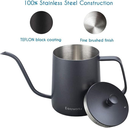 Easyworkz Gage Gooseneck Pour Over Coffee Kettle 20 oz with Thermometer Stainless Steel Hand Drip Coffee Pot With Long Narrow Spout