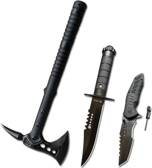 Axe & Survival Bowie Knife & Folding Pocket Knife, Fixed Blade Hunting Knife with Sheath, Sharpener and Fire Starter Inculded, Tactical Knife for Camping, Hunting, Outdoor (Type-2)