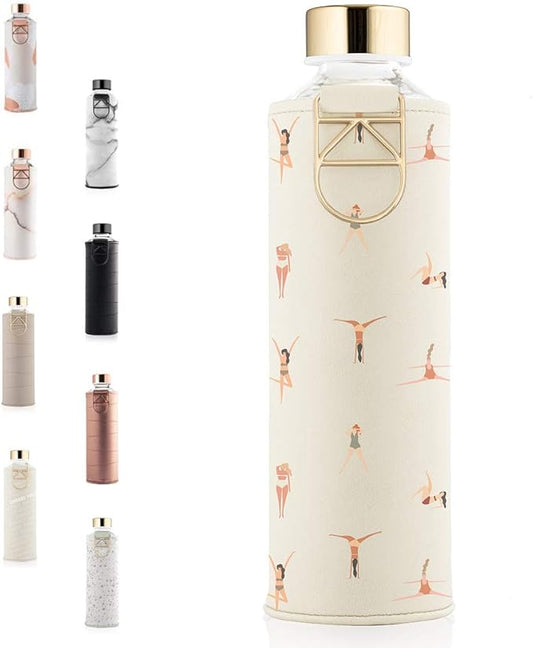 EQUA Glass Water Bottle with Faux Leather Sleeve, 750ml, Leak Proof and BPA Free, 100% Borosilicate Glass, MM Faux PL
