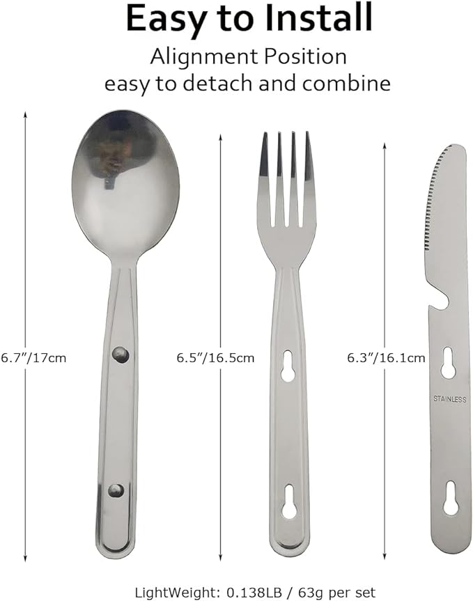 4-in-1 Camping Utensils Hiking Cutlery Set for 4, Portable Stainless Steel Flatware Spoon Fork, Knife & Bottle Opener Combo pack for Picnic Travel, Barbecue, Backpack Outdoor Gear with Carrying Bag
