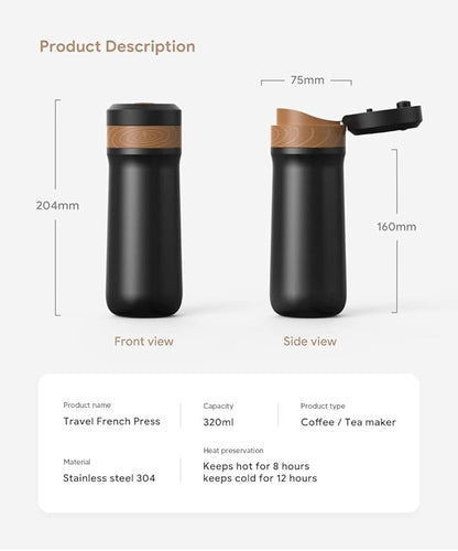Classic Portable French Press Coffee Mug 12 oz with Carry Loop, Stainless Steel French Press Coffee Maker, BPA Free Great for Camping and Travel