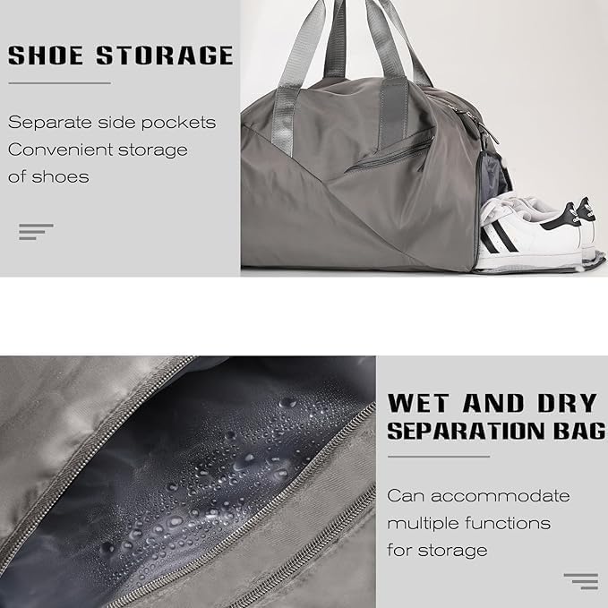 Gym Bag for Men & Women with Shoe Wet Compartment and Wet Pocket, Waterproof Sports Bags for Men, Weekender Overnight Bag, Sport Gym Tote Bags Swimming Yoga (Grey)