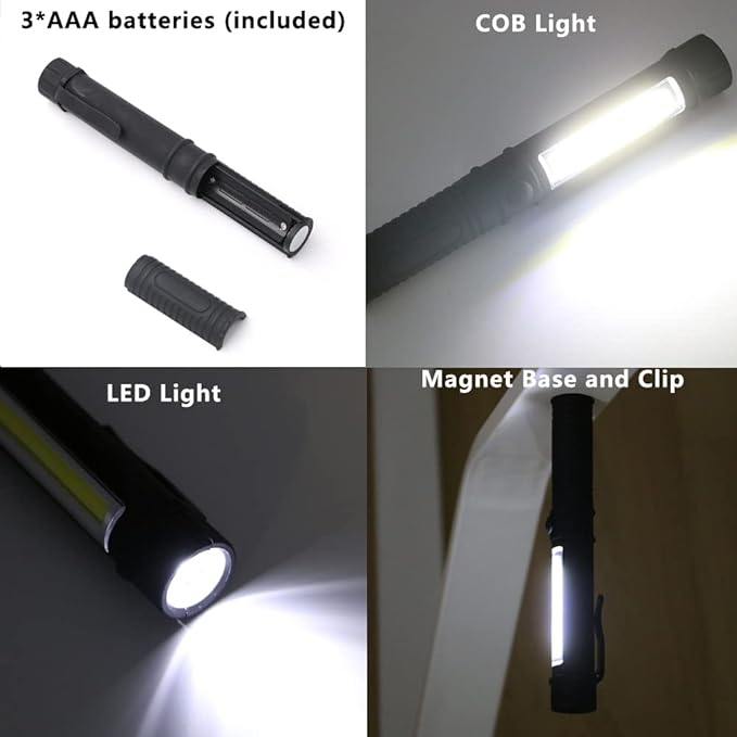 LED Portable Worklight Magnetic Flashlight,Unique Cool Gadget Tool for Men Dad Him Gift Idea,Pocket Battery COB Work Lamp Torch for Automotive,Grill,Camping,Emergency (2 Pack,Black,Batteries Included)