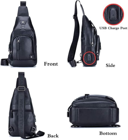 KPYWZER Genuine Leather Sling Backpack with USB Charging Port Chest Bag Outdoor Hiking Travel Daypack Black