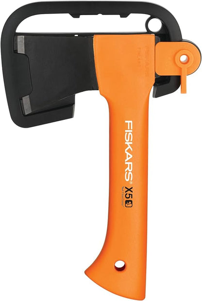 Fiskars Camping Axe XXS X5, Storage and Carrying Case Included, Length: 23 cm, Non-stick Coating, Weight: 480 g, High Steel Blade/Reinforced plastic handle, Orange, 1015617