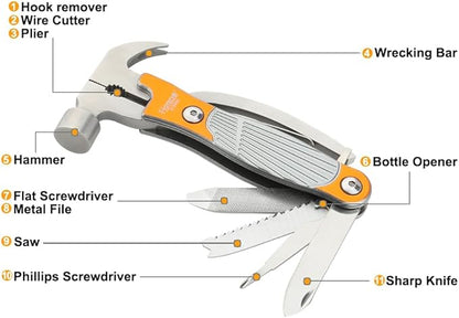 Hoteche MultiTool 11-in-1 Multi-Functiona Adjustable Wrench with Hook Remover, Wire Cutter, Hammer, Wrecking Bar, Screwdriver, Bottle Opener, Saw, Knife, File for Camping and Household