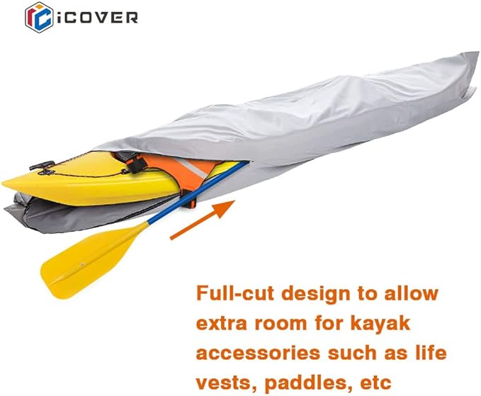 iCOVER 10ft Kayak Cover- Water Proof 600D Heavy Duty Kayaks/Canoe Covers Fits Canoes or Paddleboards up to 10ft Long and Beam Width up to 27in, Grey