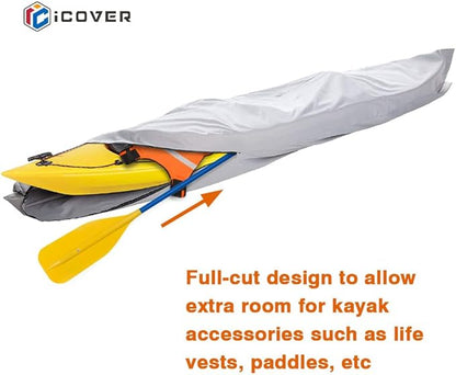 iCOVER 10ft Kayak Cover- Water Proof 600D Heavy Duty Kayaks/Canoe Covers Fits Canoes or Paddleboards up to 10ft Long and Beam Width up to 27in, Grey