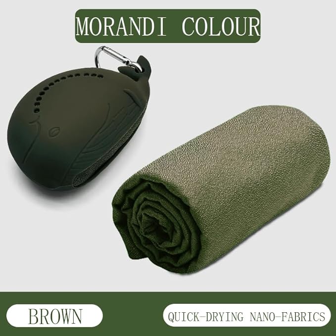 FANCAME Quick Dry Towel with Whale Silicone Sleeve Microfiber Sports Travel Towel Soft Breathable Cooling Towel Absorbent Compact Beach Towels,Suitable for Gym,Camping and Yoga (Brown, 15‘’x 15")