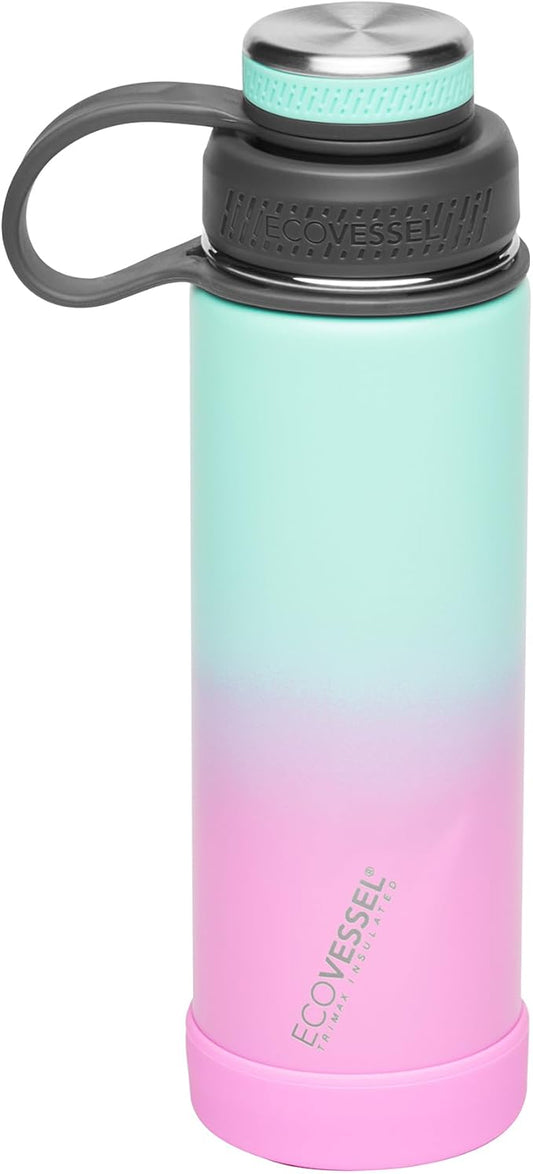 EcoVessel Stainless Steel Water Bottle with Insulated Dual Lid, Insulated Water Bottle with Strainer and Silicone Bottle Bumper, Coffee Mug (Vapor Wave, 20 oz)