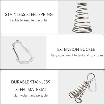 10Pcs Deck Anchor Pegs with Carabiner Clips & Spring Buckle, Stainless Steel Tent Rope Tightener, Deck Plank Board Tent Stakes, Cord Adjuster Tensioner for Camping Hiking Tent Accessories(Silver)