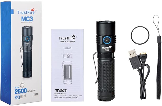 TrustFire MC3 Tactical LED Flashlight 2500 Lumens USB Magnetic Charging Torch Rechargeable Flashlights IP68 Waterproof EDC Flashlight Work Flashlight with Memory Strobe Mode, for Gift Giving