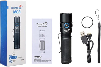 TrustFire MC3 Tactical LED Flashlight 2500 Lumens USB Magnetic Charging Torch Rechargeable Flashlights IP68 Waterproof EDC Flashlight Work Flashlight with Memory Strobe Mode, for Gift Giving