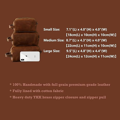 Toiletry Bag for Men or Women, Full Grain Leather Handcrafted Dopp Kit, Vintage Travel Leather Toiletry Travel Pouch, Large Cosmetic Bathroom Travel Shaving Bag, Fully Lined with Cotton Fabric