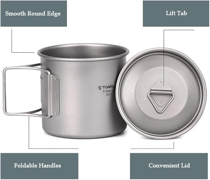 TOMSHOO Titanium Mug 650ml/22 oz Camping Titanium Pot with Lid Camping Coffee Cup with Foldable Handle for Camping Hiking Travelling Backpacking Camping Open Fire