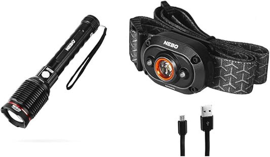 NEBO Redline 6K 6000-Lumen LED Rechargeable Bright Flashlight for EDC, Camping, Hunting, Hiking & MYCRO USB 400 Lumen Rechargeable, Adjustable LED Headlamp & Cap, Bright Spot Light for Camping