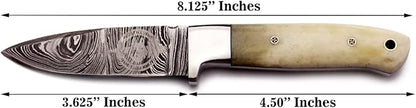 Handmade Damascus Steel Knife for Hunting,Survival,Camping,Bushcraft,and Fishing-Fixed Blade Dagger with Drop Point Full Tang-Micarta Handle with Cowhide Leather Sheath DCX 22 -250