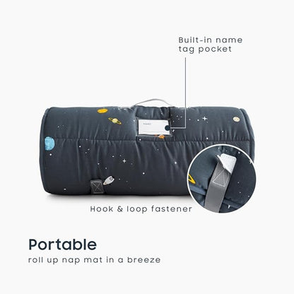 Wake In Cloud - Toddler Nap Mat with Pillow and Blanket, 100% Cotton Fabric, for Kids Boys Girls in Daycare Kindergarten Preschool, Roll Up Sleeping Bag, Gray Spaces, Extra Long