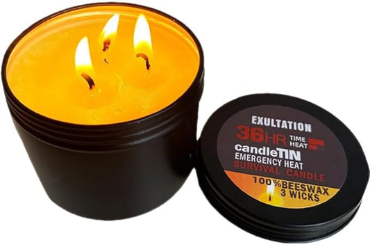 3-Wick Emergency Candle，36 Hours Long Burning, 100% Beeswax, Great Light &Heat Source for Survival, Camping, Black
