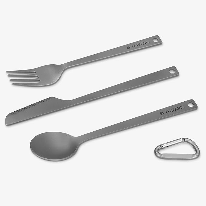 Navaris Titanium Camping Cutlery Set - Lightweight Camping Utensils for One - Knife, Fork and Spoon with Carabiner Clip and Case for Hiking and Travel