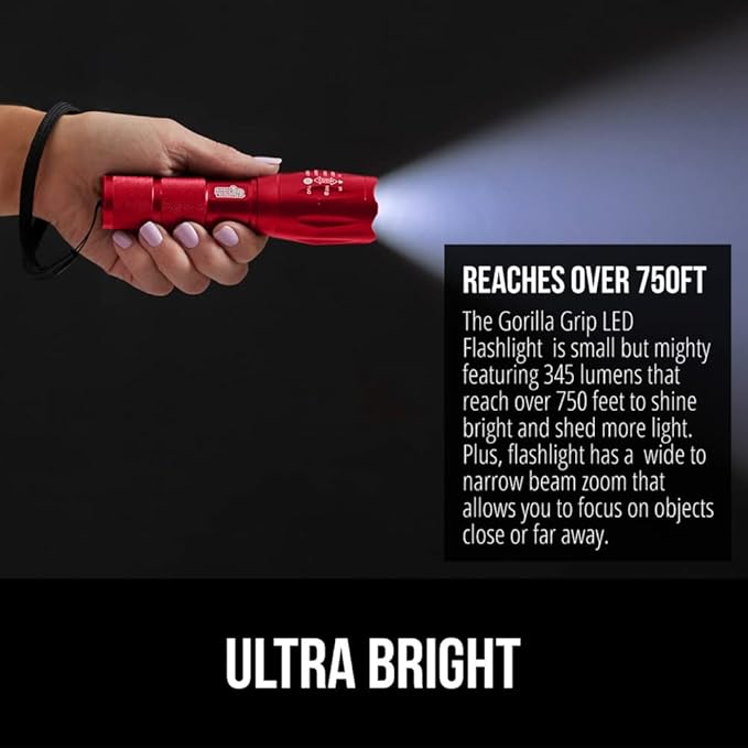 Gorilla Grip Powerful LED 750 FT Water Resistant 5 Adjustable Mode Tactical Flashlight, High Lumens Ultra Bright Battery Zoom Flashlights, Small Camping Car Mini Flash Light Accessories, 2 Pack Red