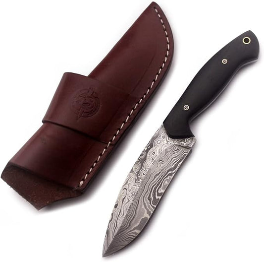 Handmade Damascus Steel Knife Bowie for Hunting,Survival,Camping,Bushcraft,and Fishing-Fixed Blade with Recurve Full Tang Micarta Handle with Cowhide-Leather Sheath WKD-772