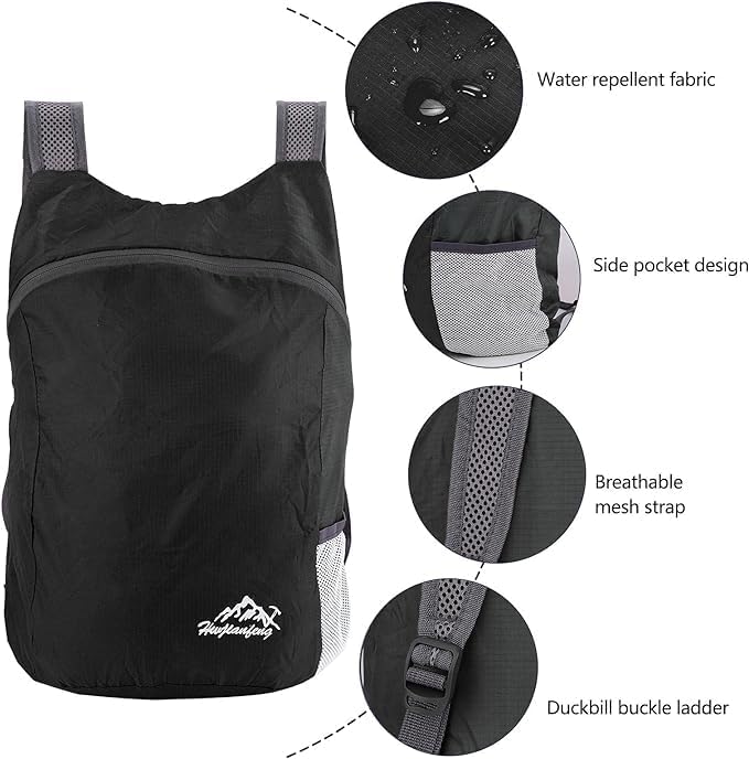 20L Ultra Lightweight Foldable Backpack Small Hiking Rucksack Ultralight Water Resistant Travel Packable Daypack for Men Women for Outdoor Sport Travelling Walking Hiking Camping Biking (Black A)