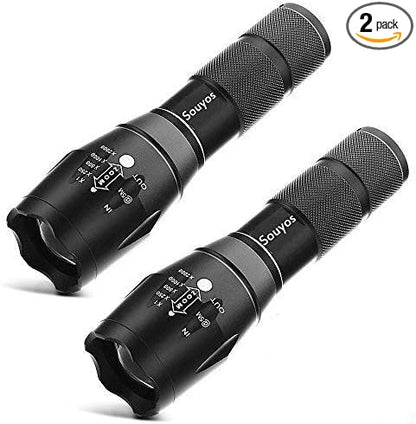 Military Grade Flashlight 2000 Lumen 5 Modes Water Resistant LED Tactical Torch Flash Light, 2 Pack