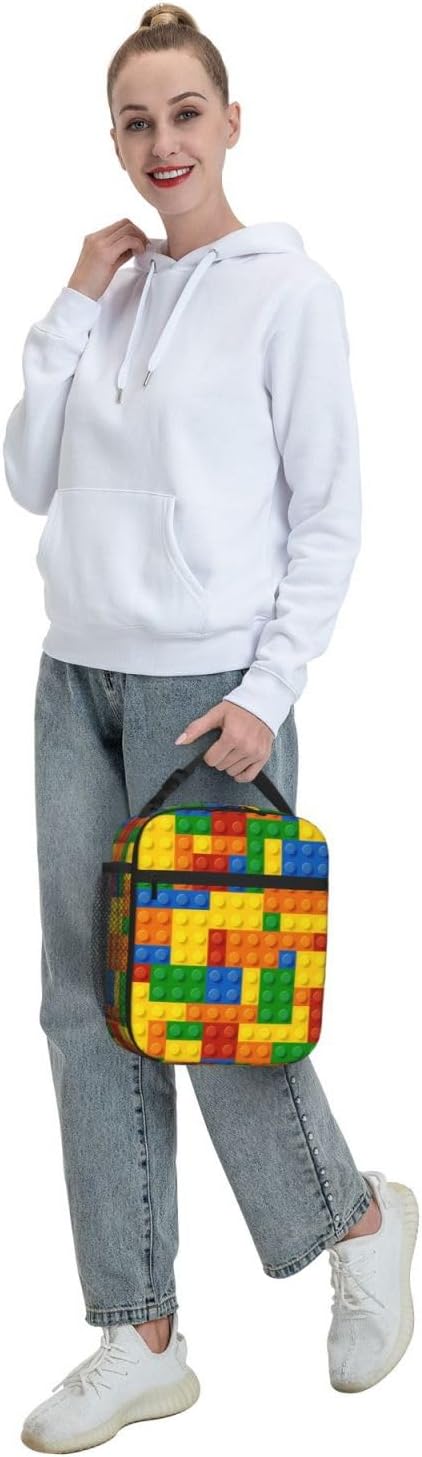 Fun Blocks Colorful Insulated Lunch Bag Reusable Cooler Lunch Box Portable Leakproof Thermal Container Tote Bags for Girls Boys School Travel