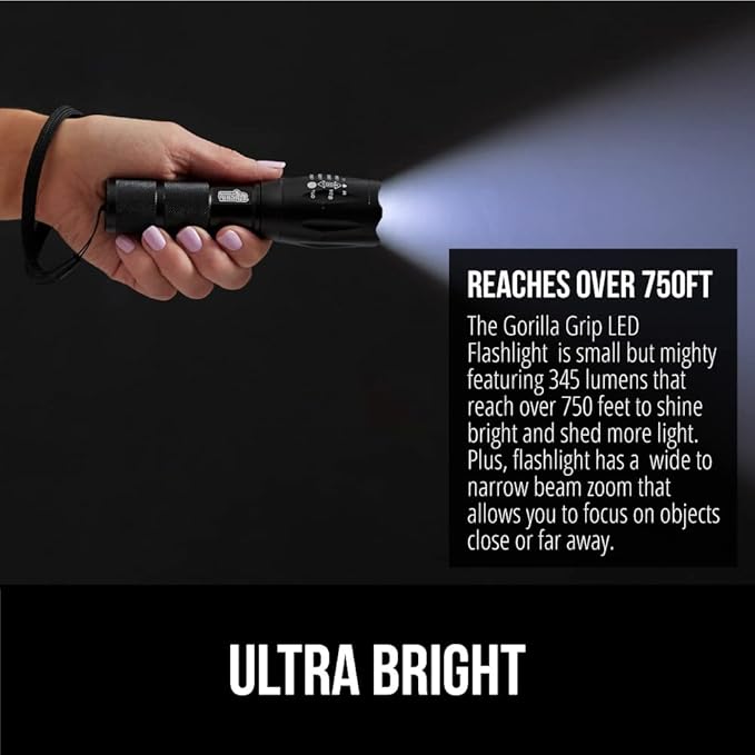 Gorilla Grip Powerful LED 750 FT Water Resistant 5 Adjustable Mode Tactical Flashlight, High Lumens Ultra Bright Battery Zoom Flashlights, Small Camping Car Mini Flash Light Accessories, 2 Pack Black