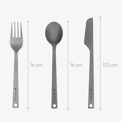 Navaris Titanium Camping Cutlery Set - Lightweight Camping Utensils for One - Knife, Fork and Spoon with Carabiner Clip and Case for Hiking and Travel