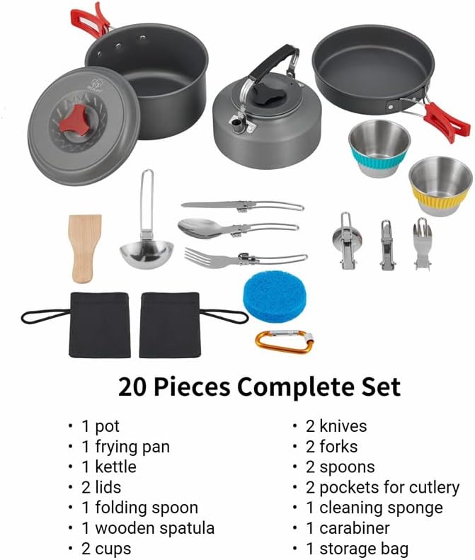 Bulin 24/13/11/8/4 PCS Camping Cookware Mess Kit Lightweight Backpacking Cooking Set Outdoor Cook Gear for Family Hiking, Picnic(Kettle, Pot, Frying Pan, Bowls, Plates, Spoon)