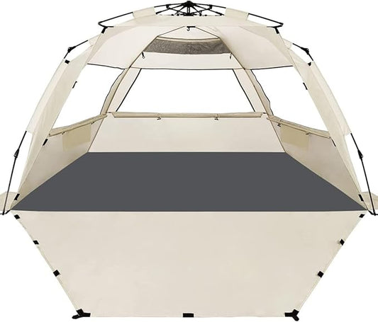 WhiteFang Deluxe Pop Up Beach Tent Sun Shade Shelter for 3-4/5-6 Person, UV Protection, Extendable Floor with 3 Ventilating Windows Plus Carrying Bag, Stakes, and Guy Lines
