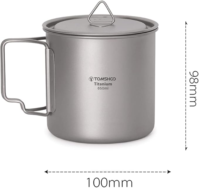 TOMSHOO Titanium Mug 650ml/22 oz Camping Titanium Pot with Lid Camping Coffee Cup with Foldable Handle for Camping Hiking Travelling Backpacking Camping Open Fire