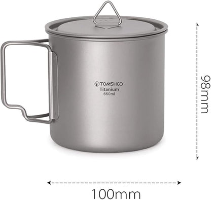 TOMSHOO Titanium Mug 650ml/22 oz Camping Titanium Pot with Lid Camping Coffee Cup with Foldable Handle for Camping Hiking Travelling Backpacking Camping Open Fire