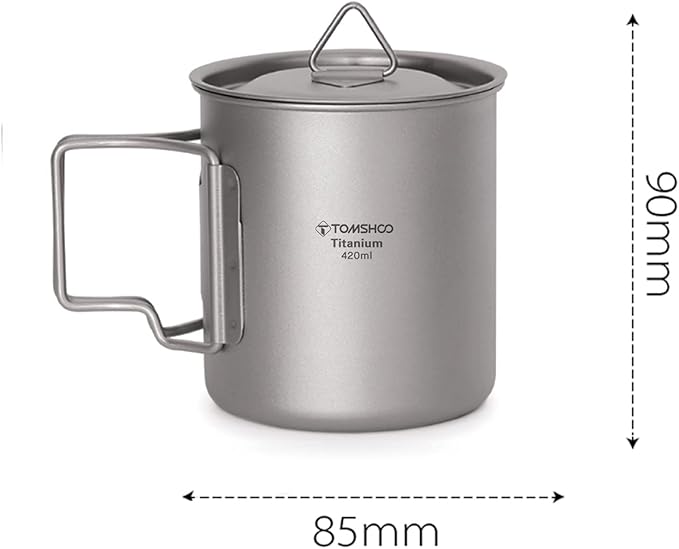 TOMSHOO Camping Titanium Pot Outdoor Titanium Mug with Lid Camping Coffee Cup with Foldable Handle for Camping Hiking Travelling Backpacking Camping Open Fire