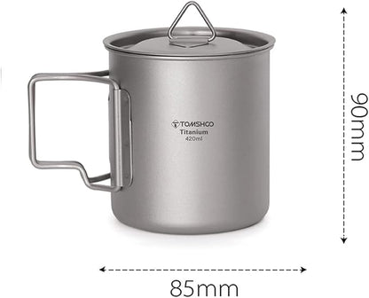 TOMSHOO Camping Titanium Pot Outdoor Titanium Mug with Lid Camping Coffee Cup with Foldable Handle for Camping Hiking Travelling Backpacking Camping Open Fire