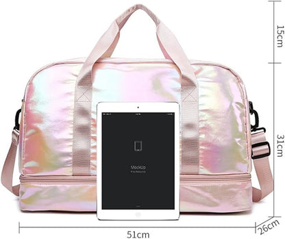 Holographic Shimmering Gym Duffle Bag with Shoes Compartment & Wet Pocket, Women Weekend Overnight Travel Bag Gymnastic Dance Bag for Girl (pink)