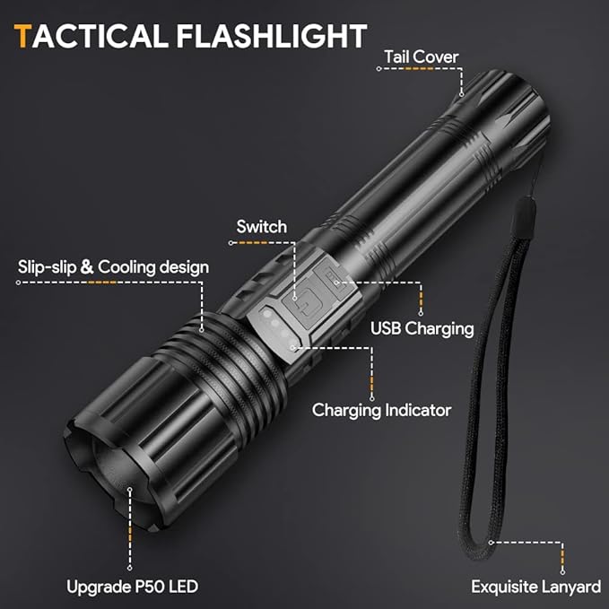 2 Pack Rechargeable Flashlights 10000 High Lumens with Cob Sidelight,Waterproof,Zoomable,5 Modes,LED Flashlight for Emergency Camping Hiking(with Battery)